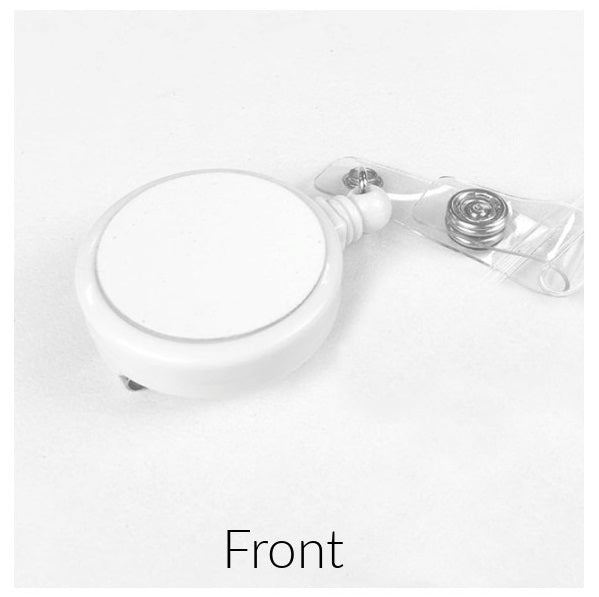 sublimation badge reel with sublimation piece and clip on white background