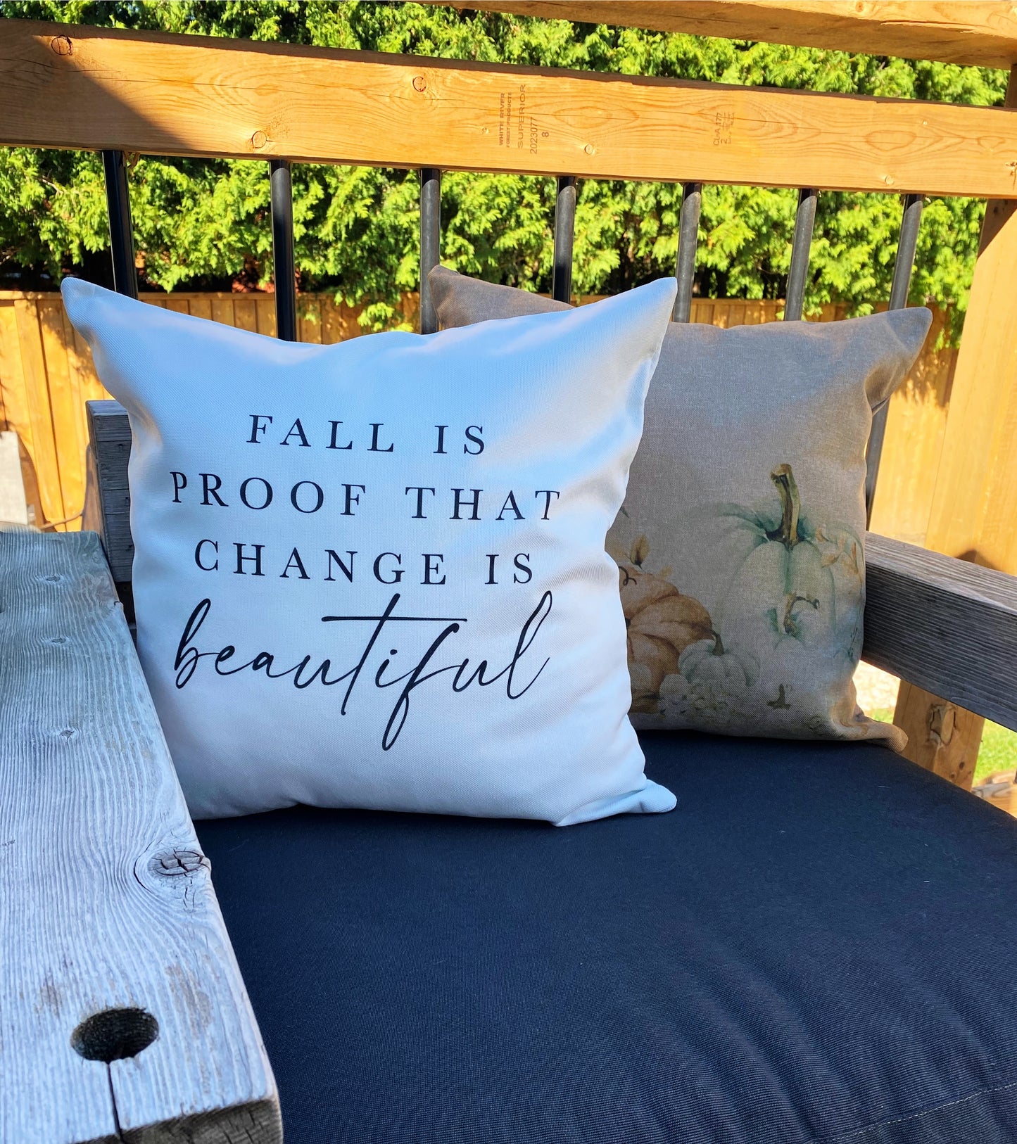 18x18 jute pillow cases white and tan fall is proof that change is beautiful on patio chair outside