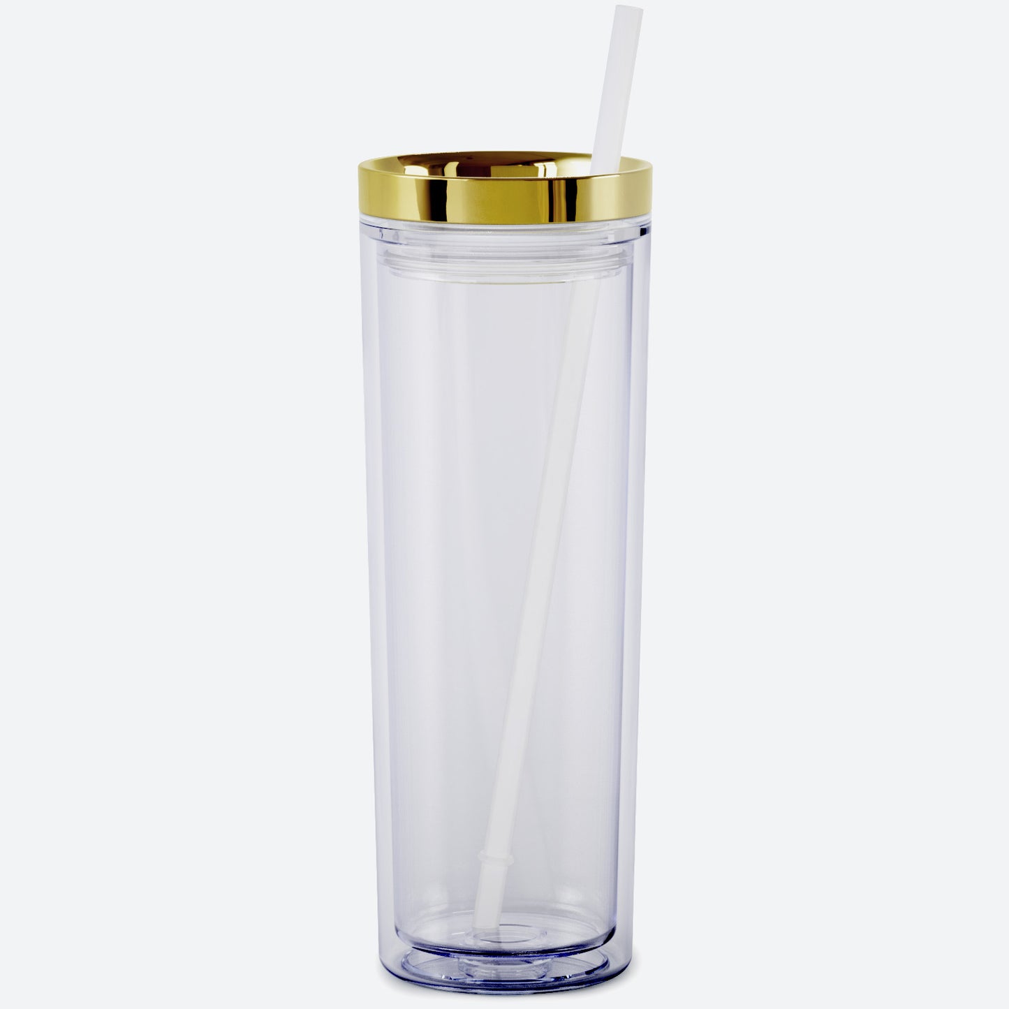 clear with gold metallic lid 18oz acrylic tumbler with straw and lid on white background