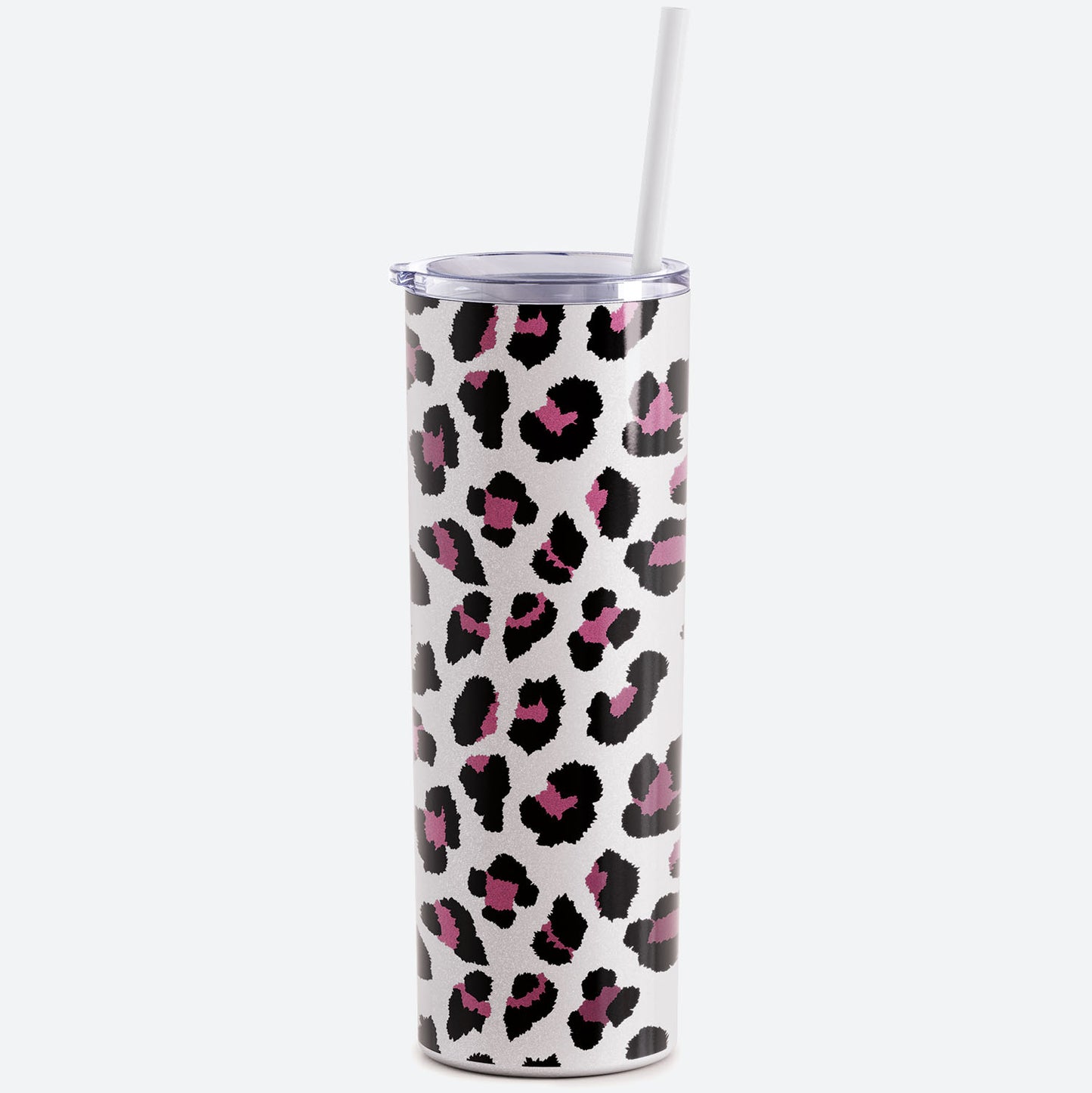 white leopard skinny steel 20oz stainless tumbler with straw on white background