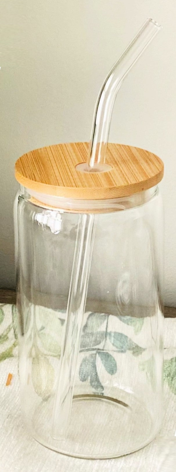 12 oz glass libby jar with bamboo lid and glass straw