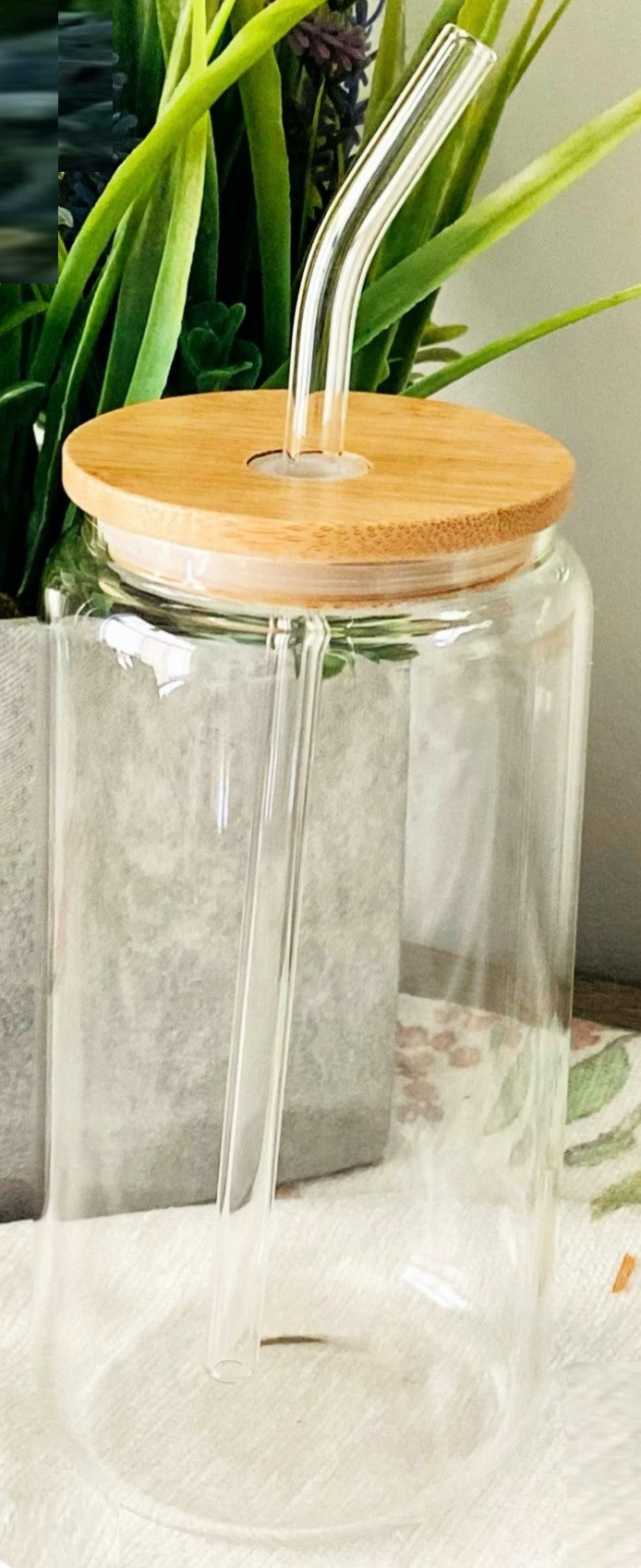 17oz glass libby jar with bamboo lid and glass straw