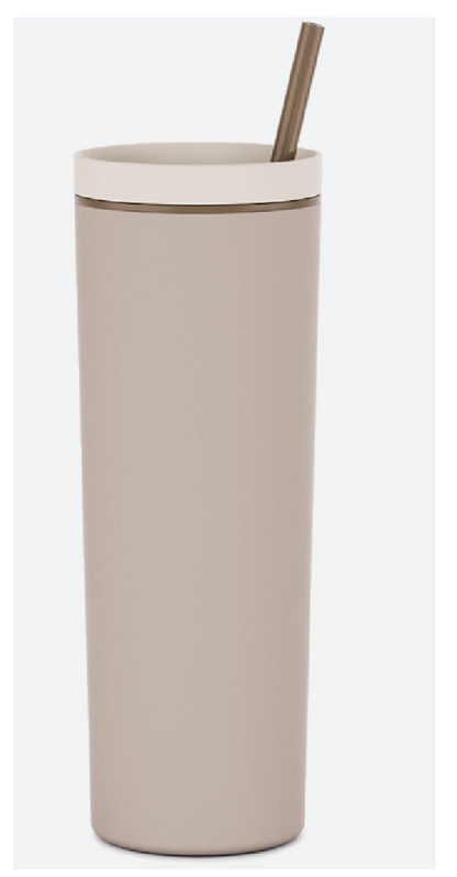 sand colour 18oz acrylic tumbler with straw and lid on white background 