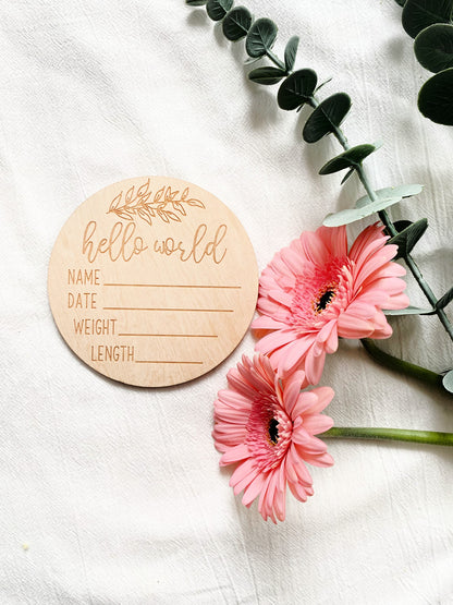 hello world birth announcement wood circle on white background with pink flowers