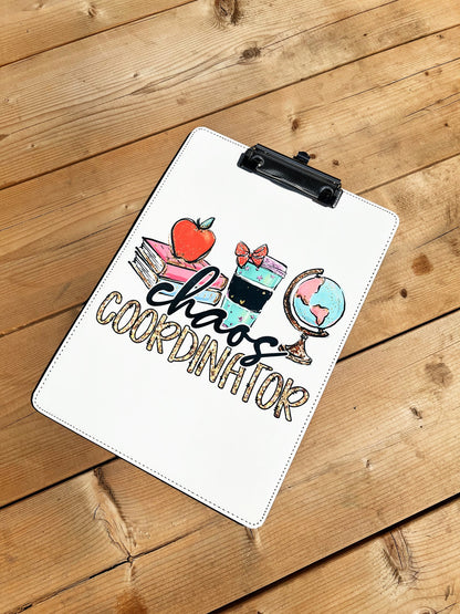 sublimation clipboard chaos coordinator for teacher on wood background