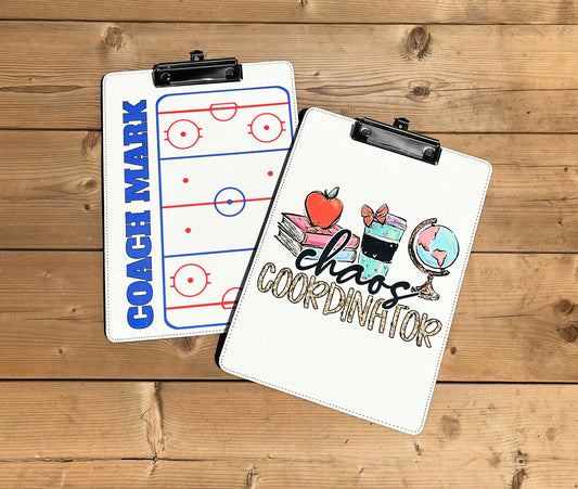 coach and chaos coordinator teacher clip boards for sublimation on wood background