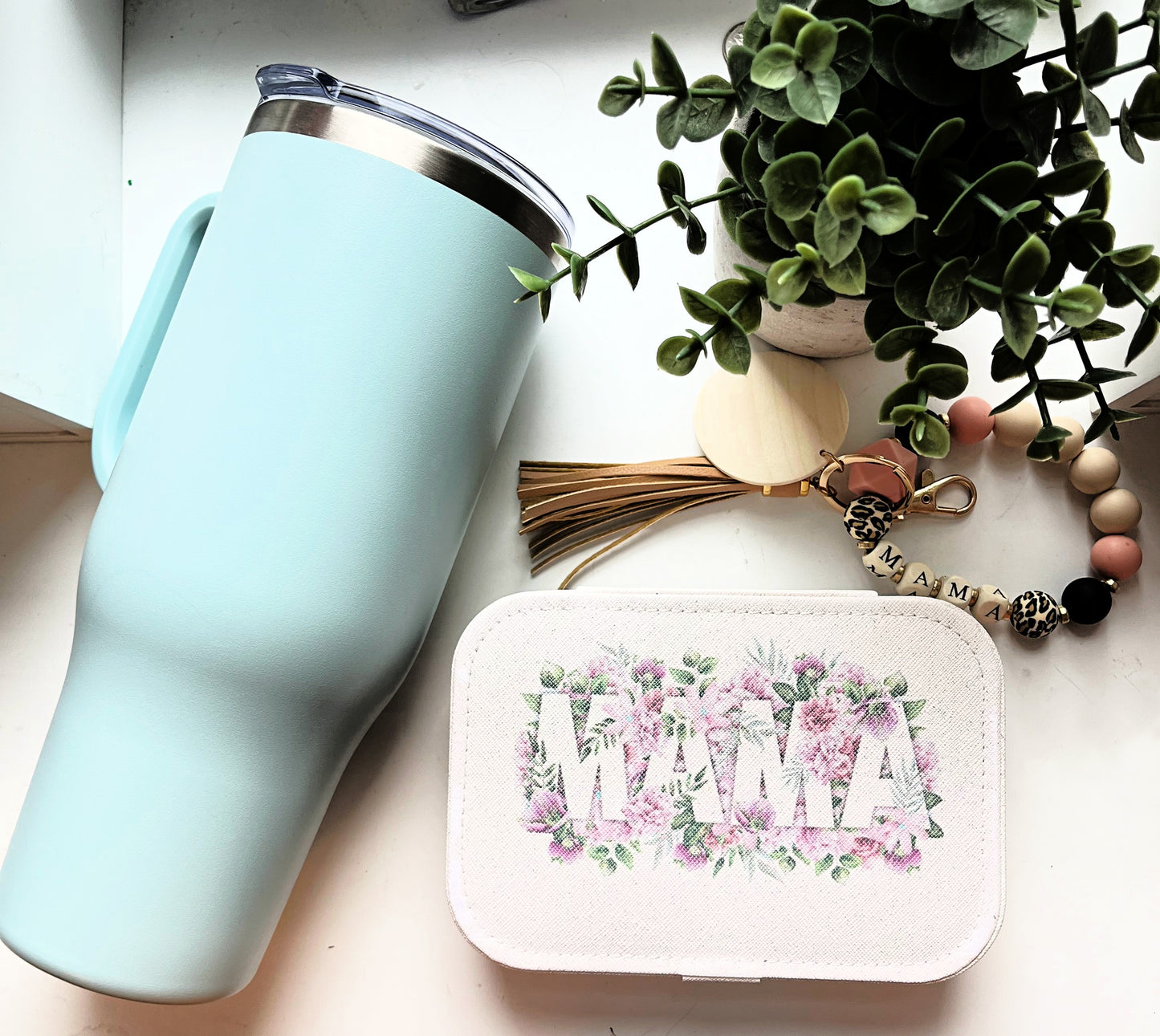 rectangle white jewellery case sublimation mama beside seafoam tumbler bracelet key chain with plant