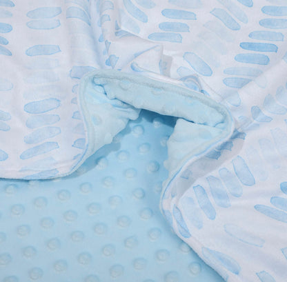 blue baby two sided minky blanket with blue dots and line pattern