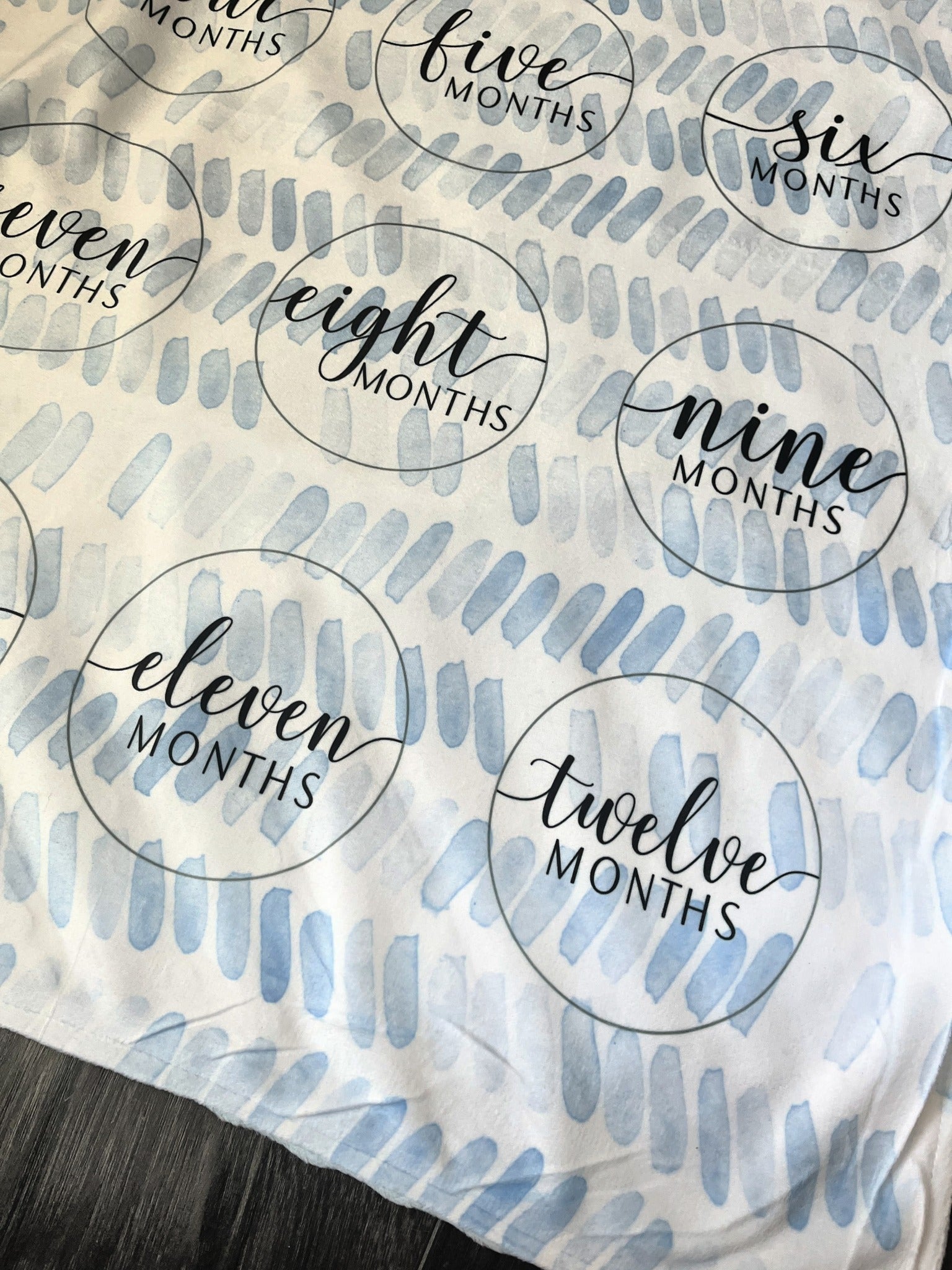 close up to milestone blue minky baby blanket using sublimation