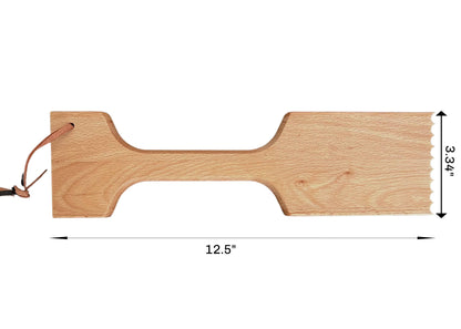 wood bbq scraper with handle and leather strap on white background with measurements