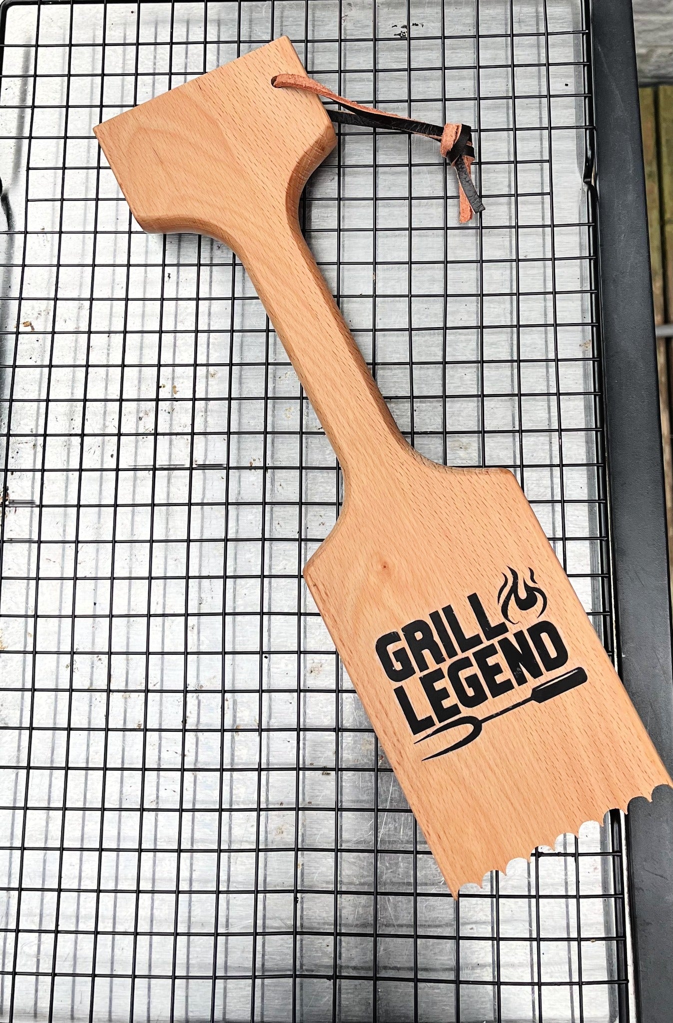 grill legend bbq scrapper wood on wire rack with leather strap