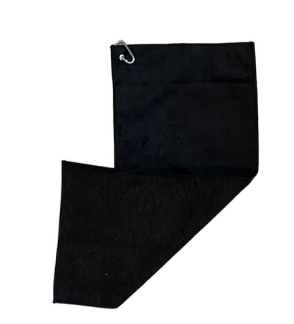 black golf towel showing front and back material with clip on white background