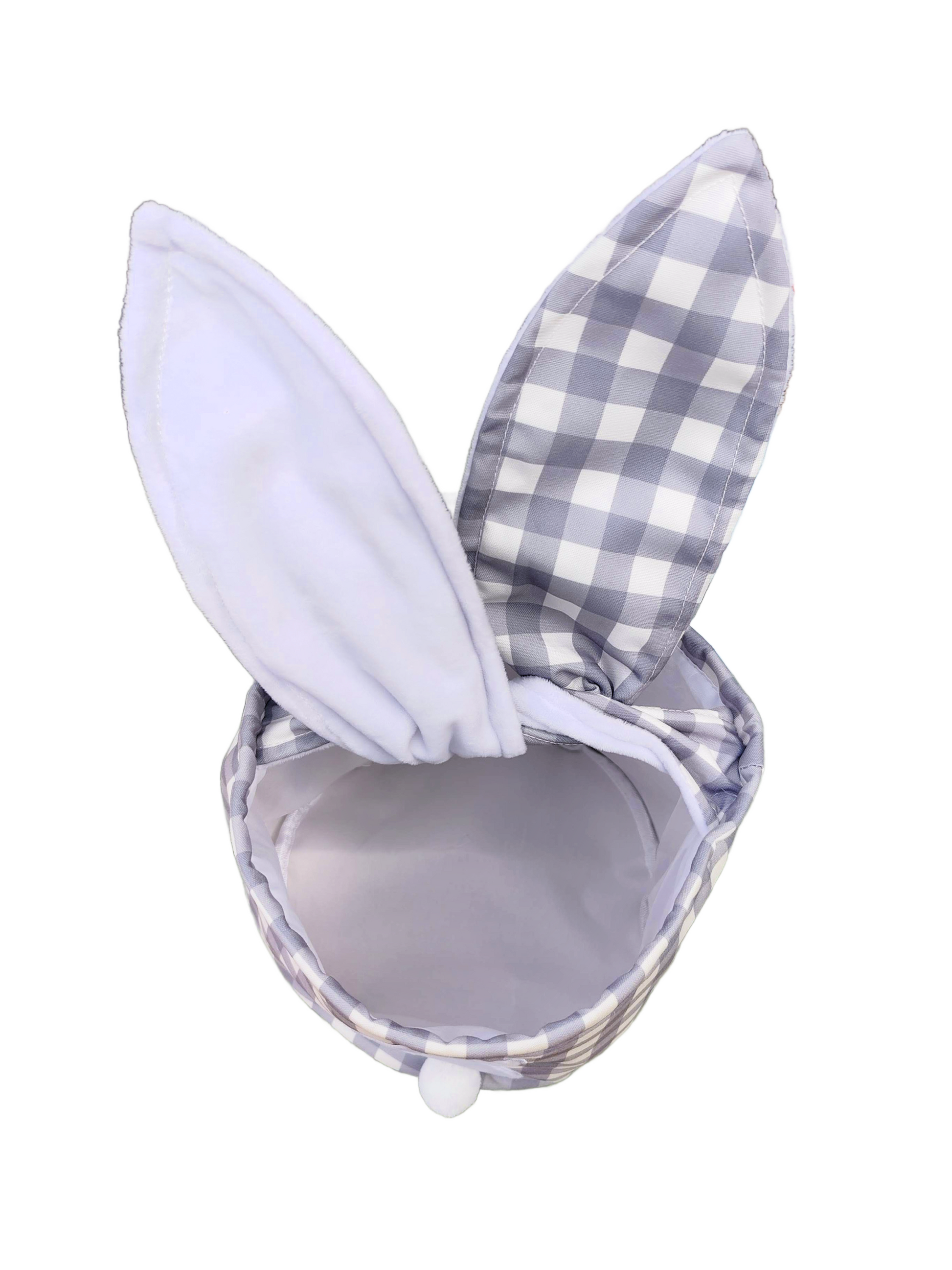 inside of grey checkered bunny basket with hard wired ear handle for sublimation blank background