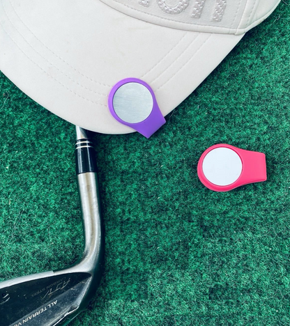 purple and pink ball marker silicone magnetic hat clips on blush hat green turn and golf club