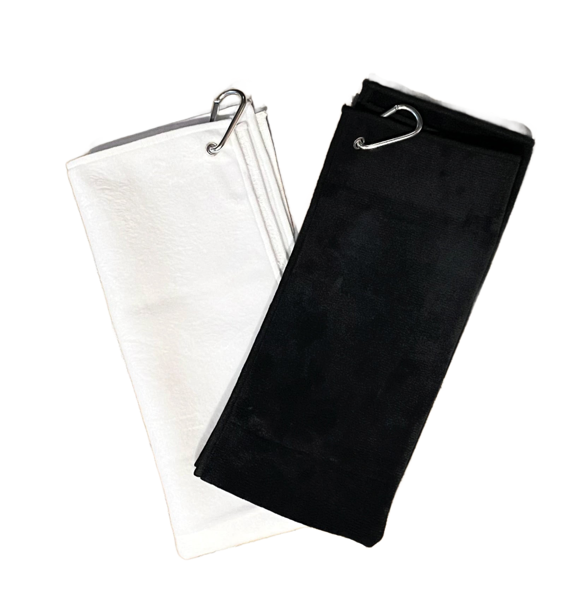 black and white golf towels folded  with clips on white background