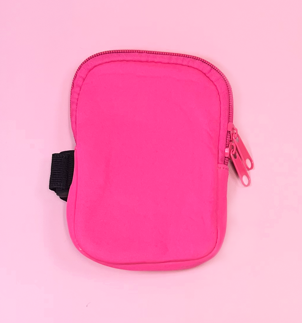 hot pink tumbler water bottle pouch with zipper and velcro strap on pink background