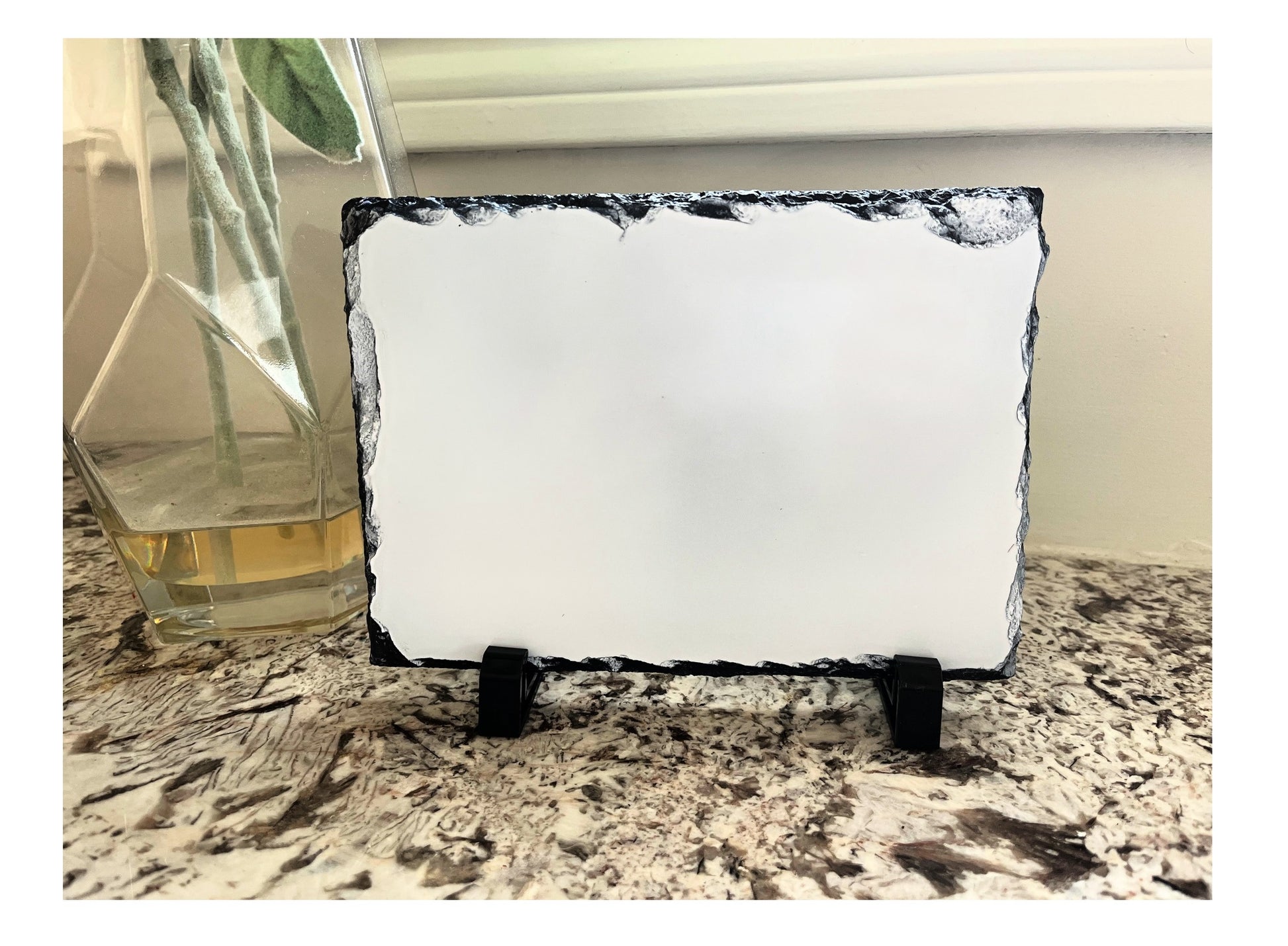 photo slate for sublimation on brown granite with vase and white background