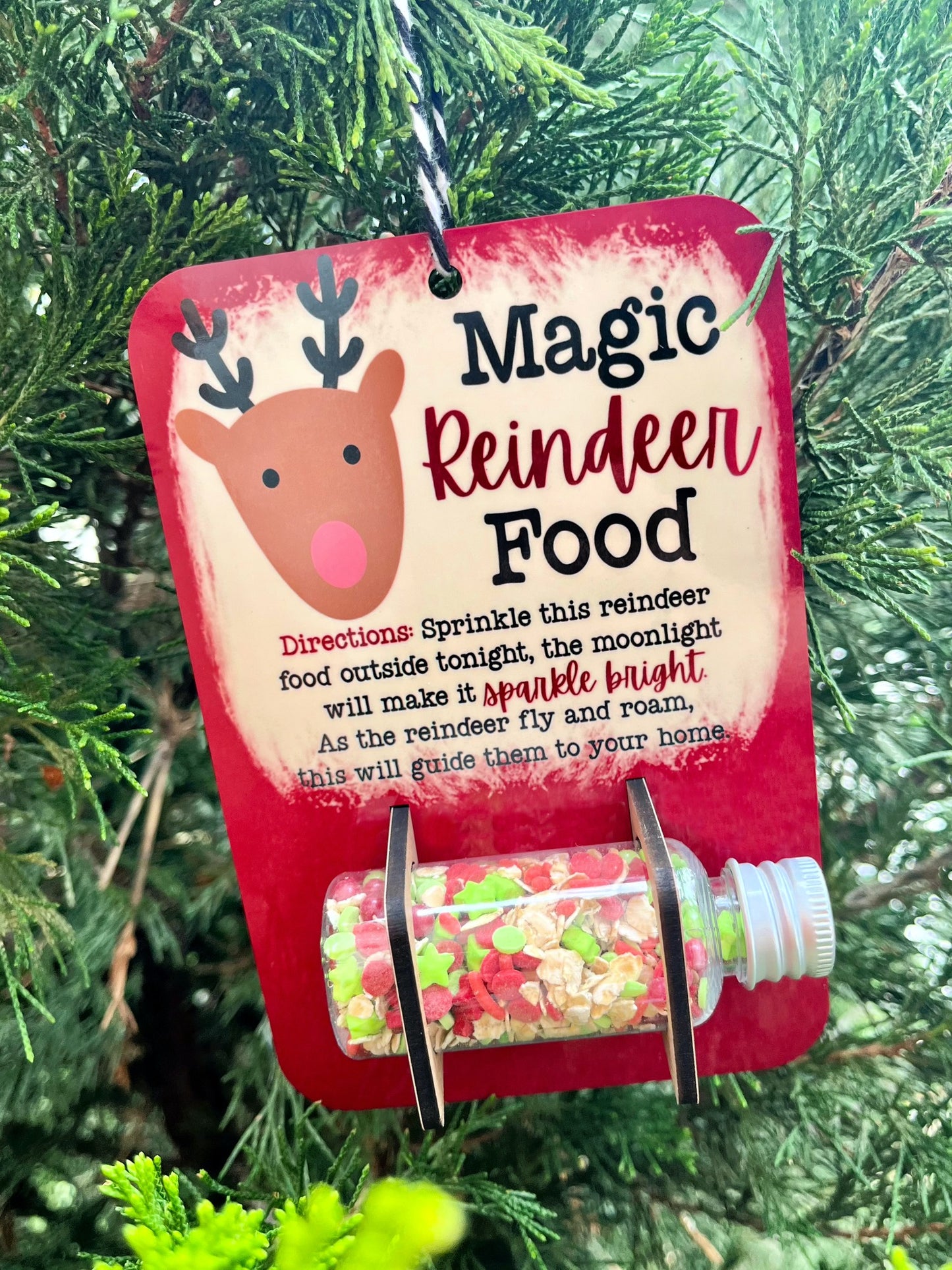 magic reindeer food holder filled with sprinkles and oatmeal hanging on tree