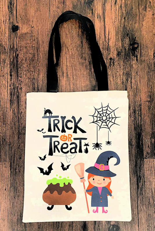 trick or treat canvas bag with black handle with little witch cauldron and spider web on front 