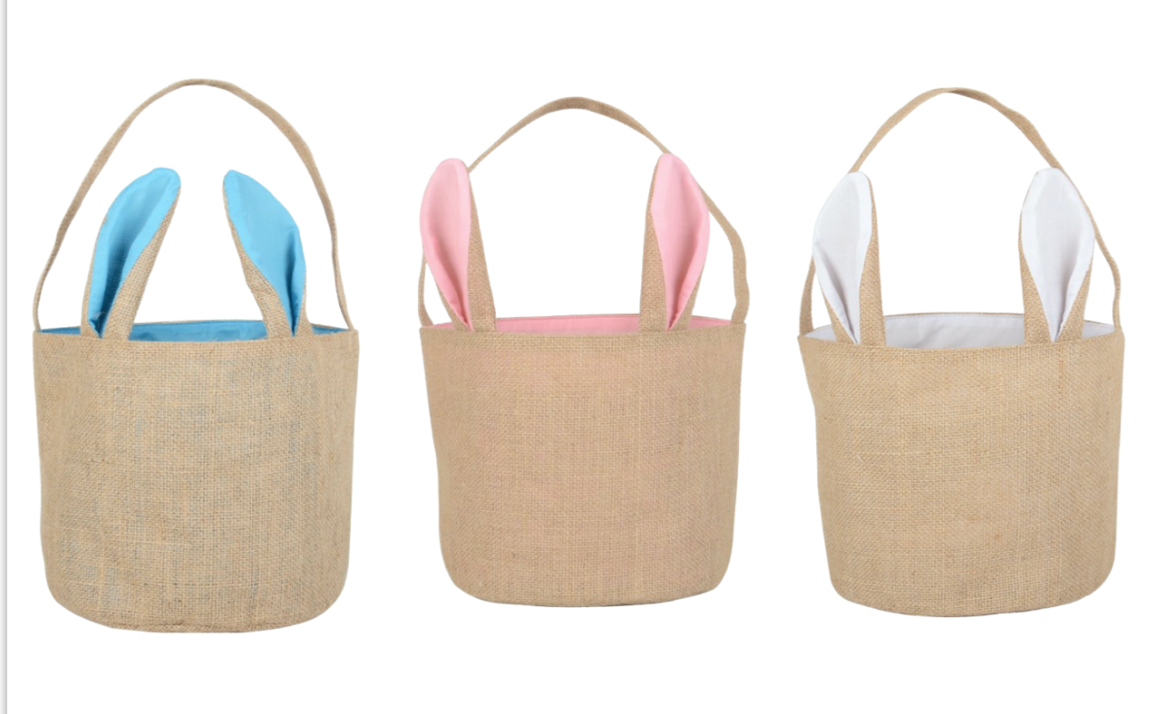 blue, pink and white Jute Easter basket with ears and handle on white background