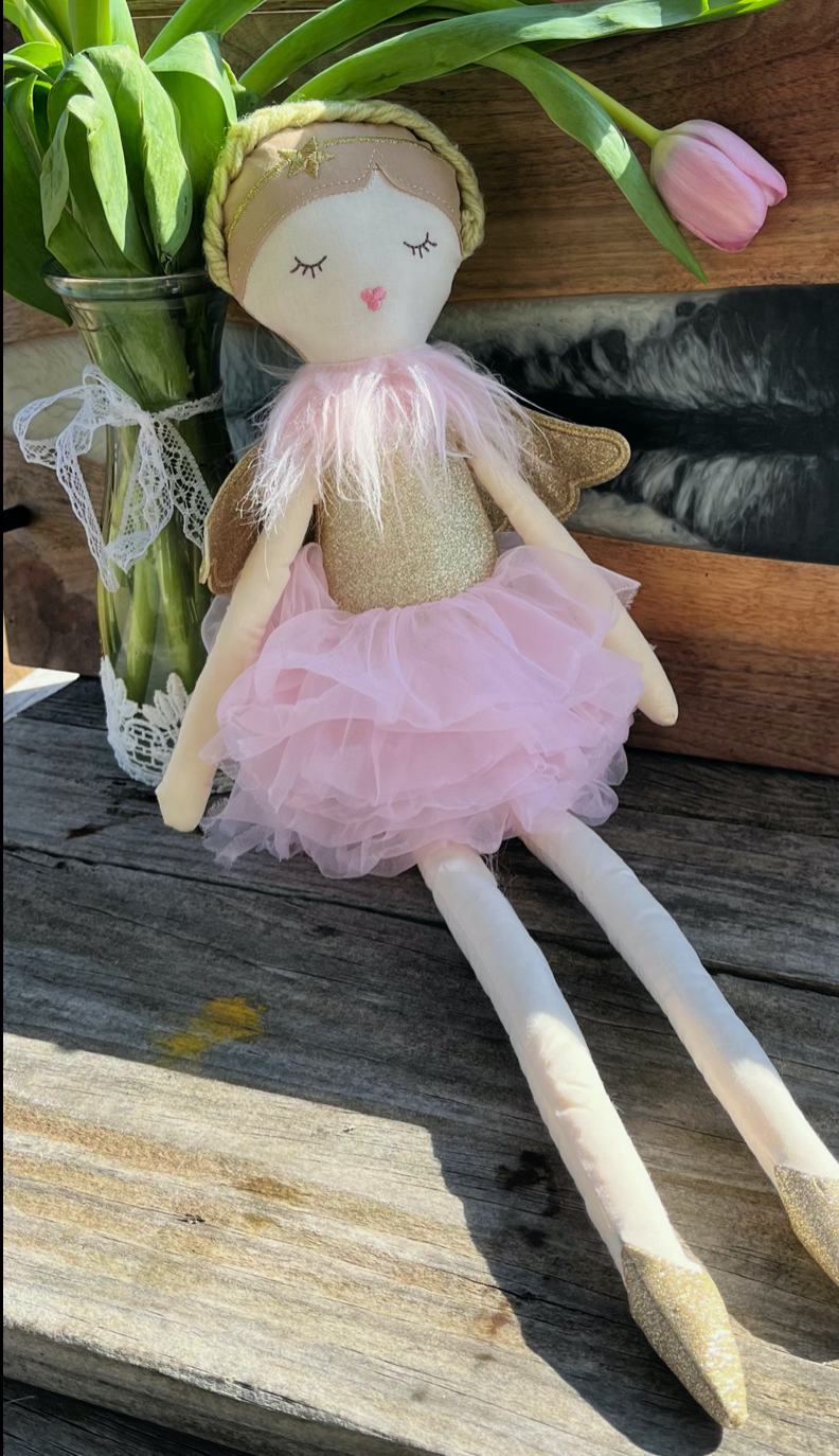 braided hair soft ballerina doll nordic style with gold wings pink tutu by pink tulips