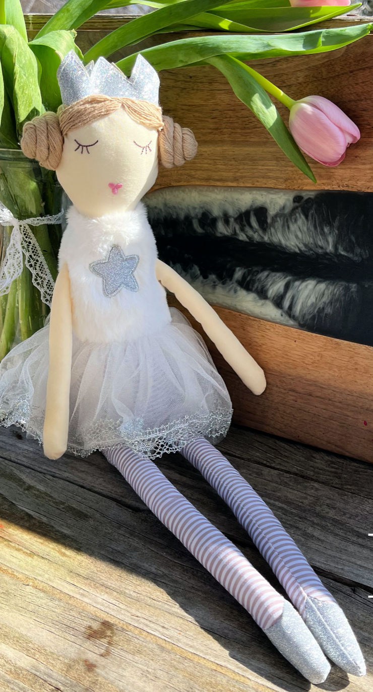 nordic style soft ballerina doll with buns in hair and crown .silver tutu by pink tulips