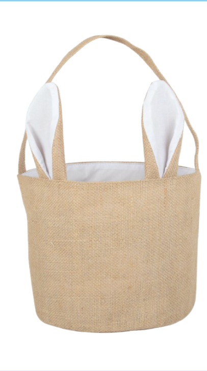 White  jute Easter basket with White ears and handle on white background