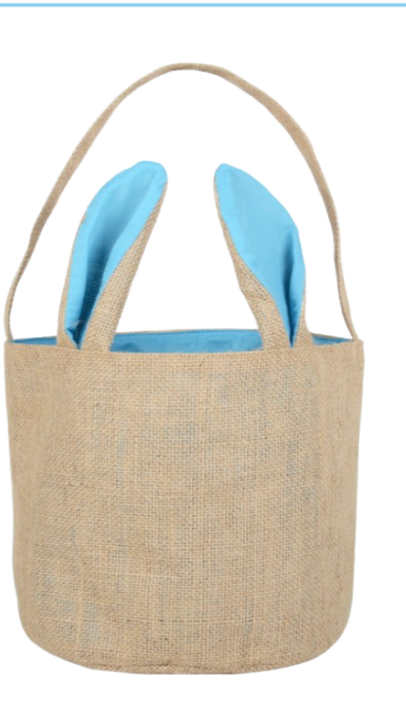 Blue jute Easter basket with blue ears and handle on white background