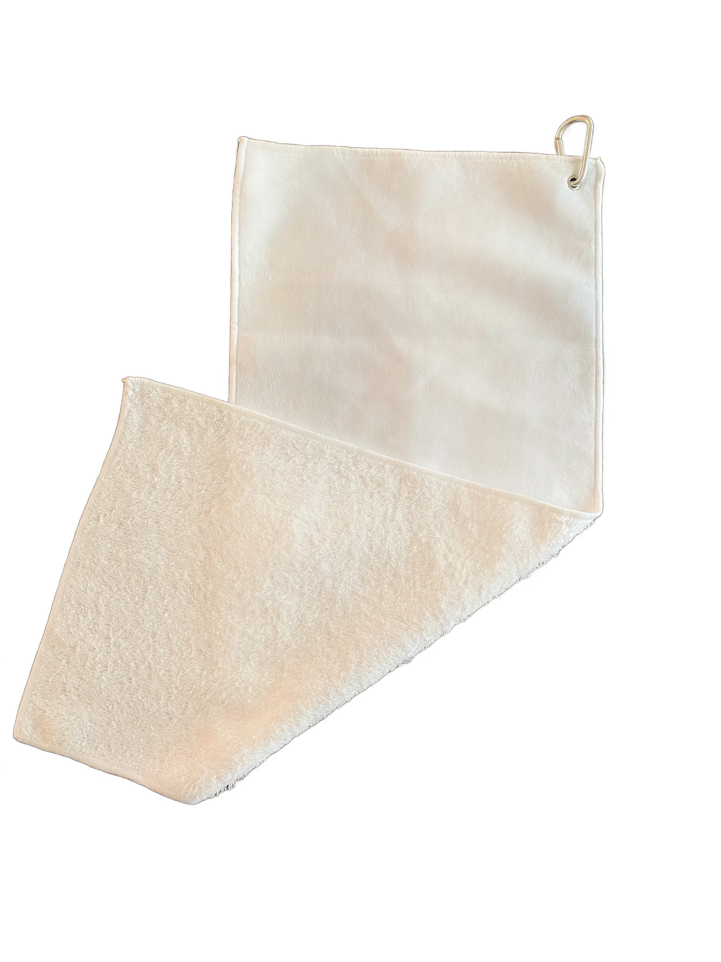 white golf towel showing front and back material with clip on white background