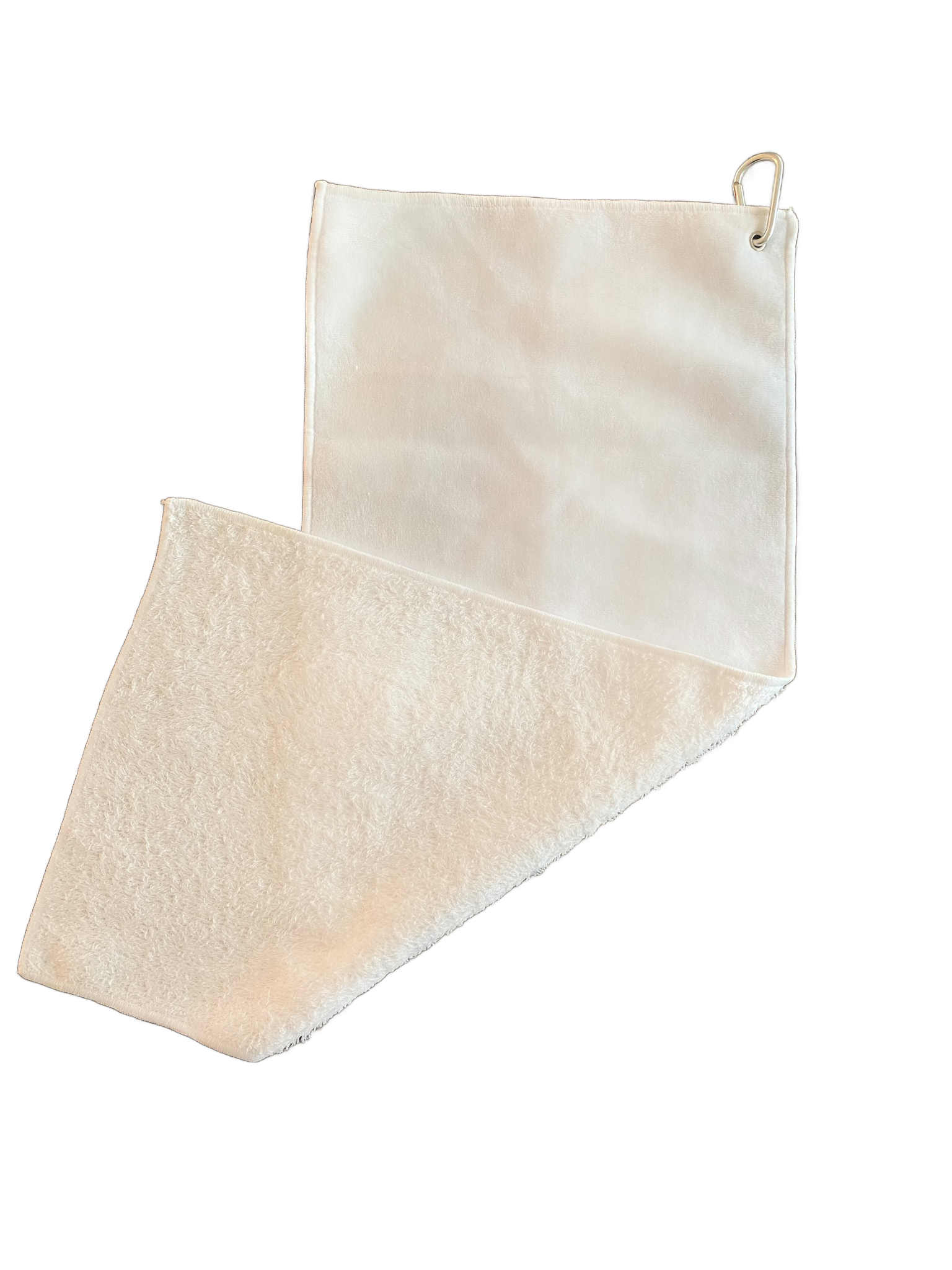 white golf towel showing front and back material with clip on white background