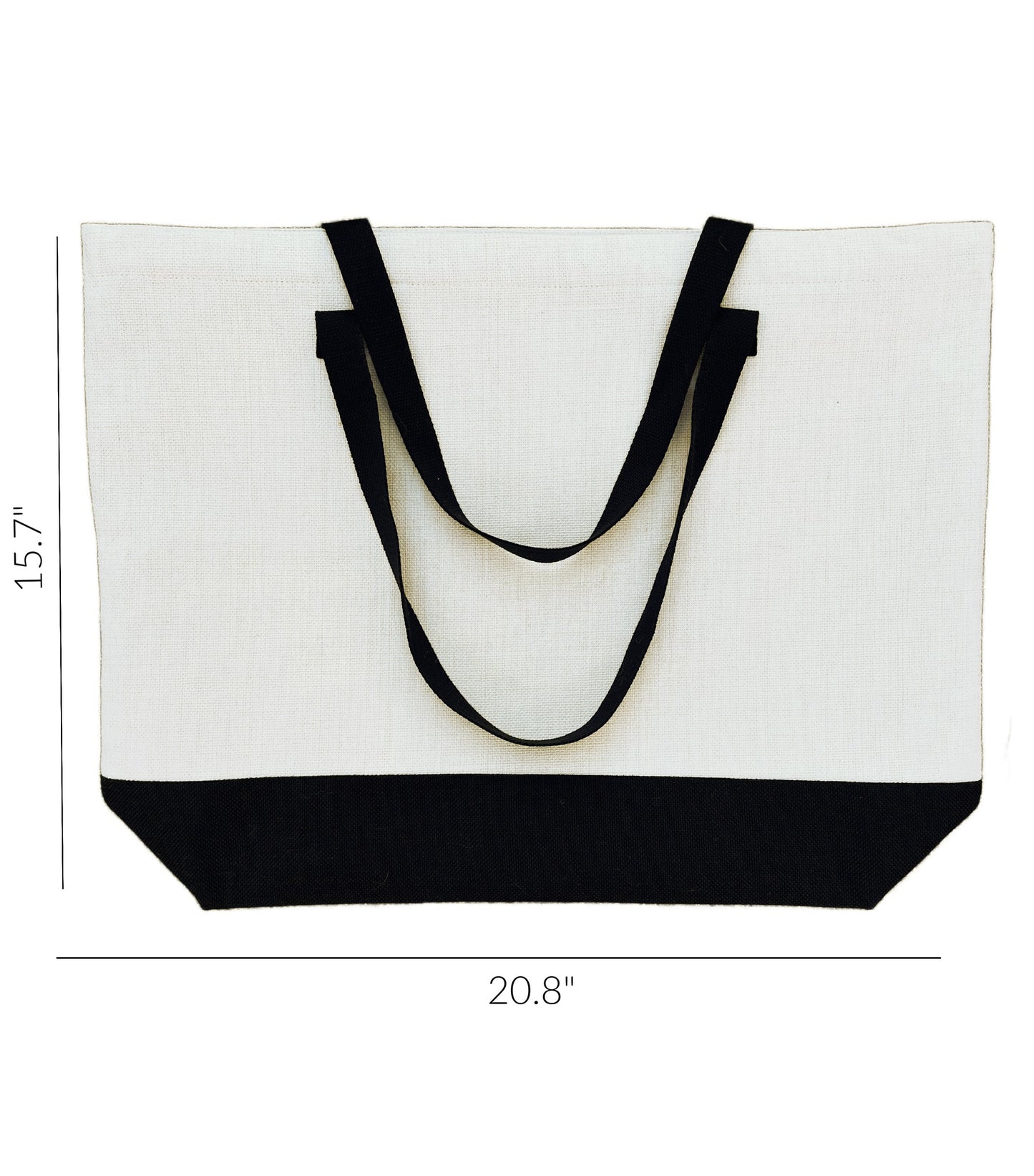 white canvas tote with black handles and black bottom includes measurements on white background