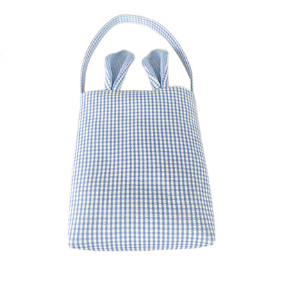 Blue checkered Easter bag with ears and handle on white background