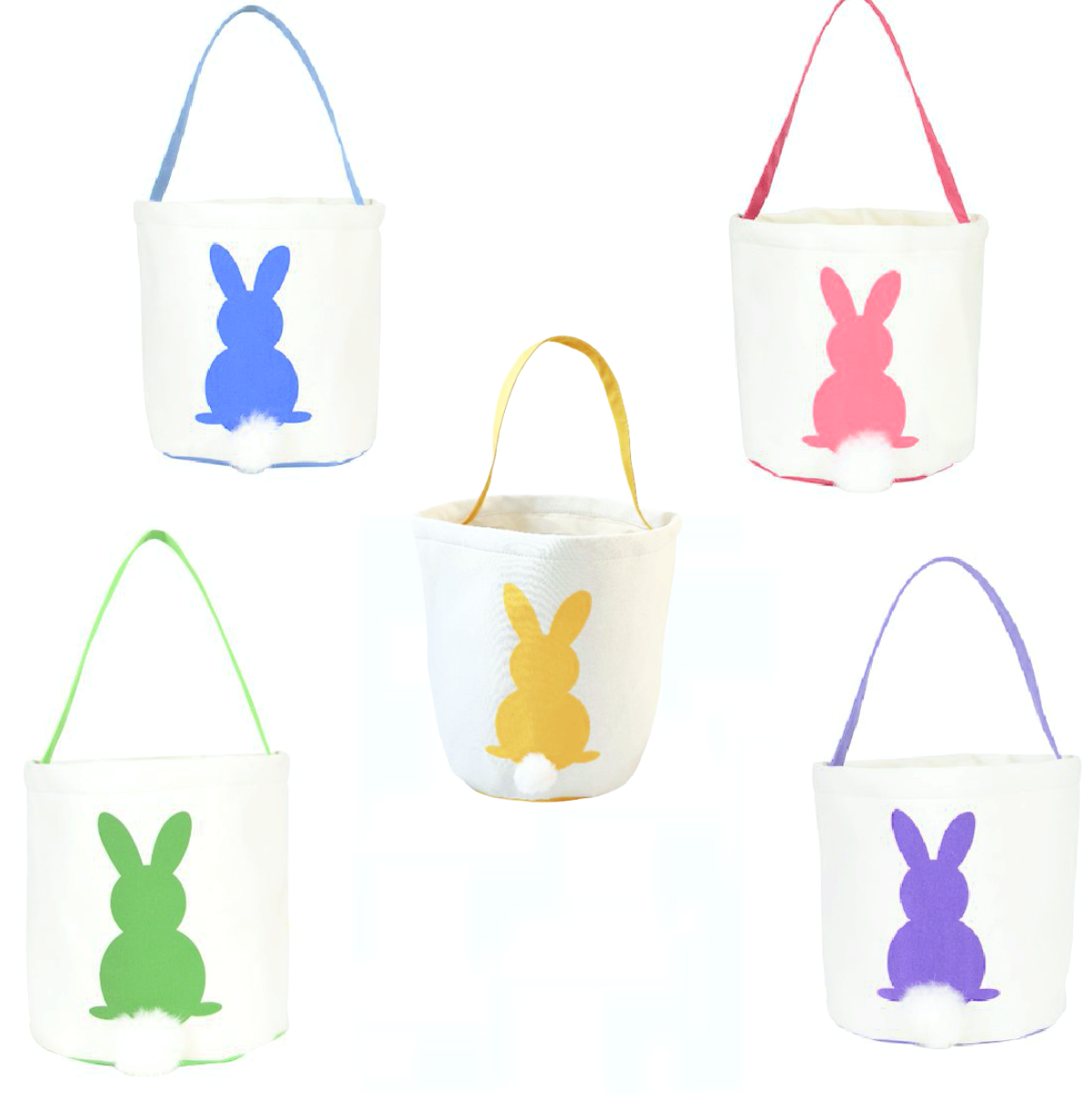 Blue,Pink,Yellow,Green Purple cotton tail Easter Basket on a white background