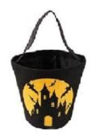 black halloween trick or treat bucket bag with spooky castle and bats on the front 