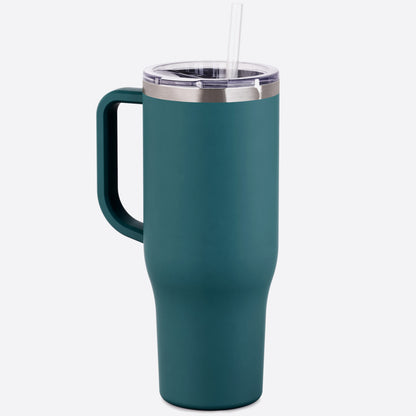 teal 40 oz stainless steel charger with handle slider lid and straw on white background