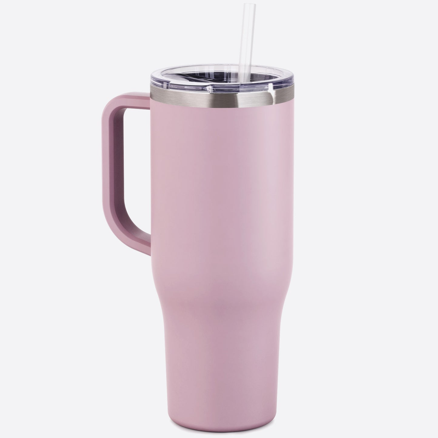 pink mauve 40 oz stainless steel charger with handle slider lid and straw on white background