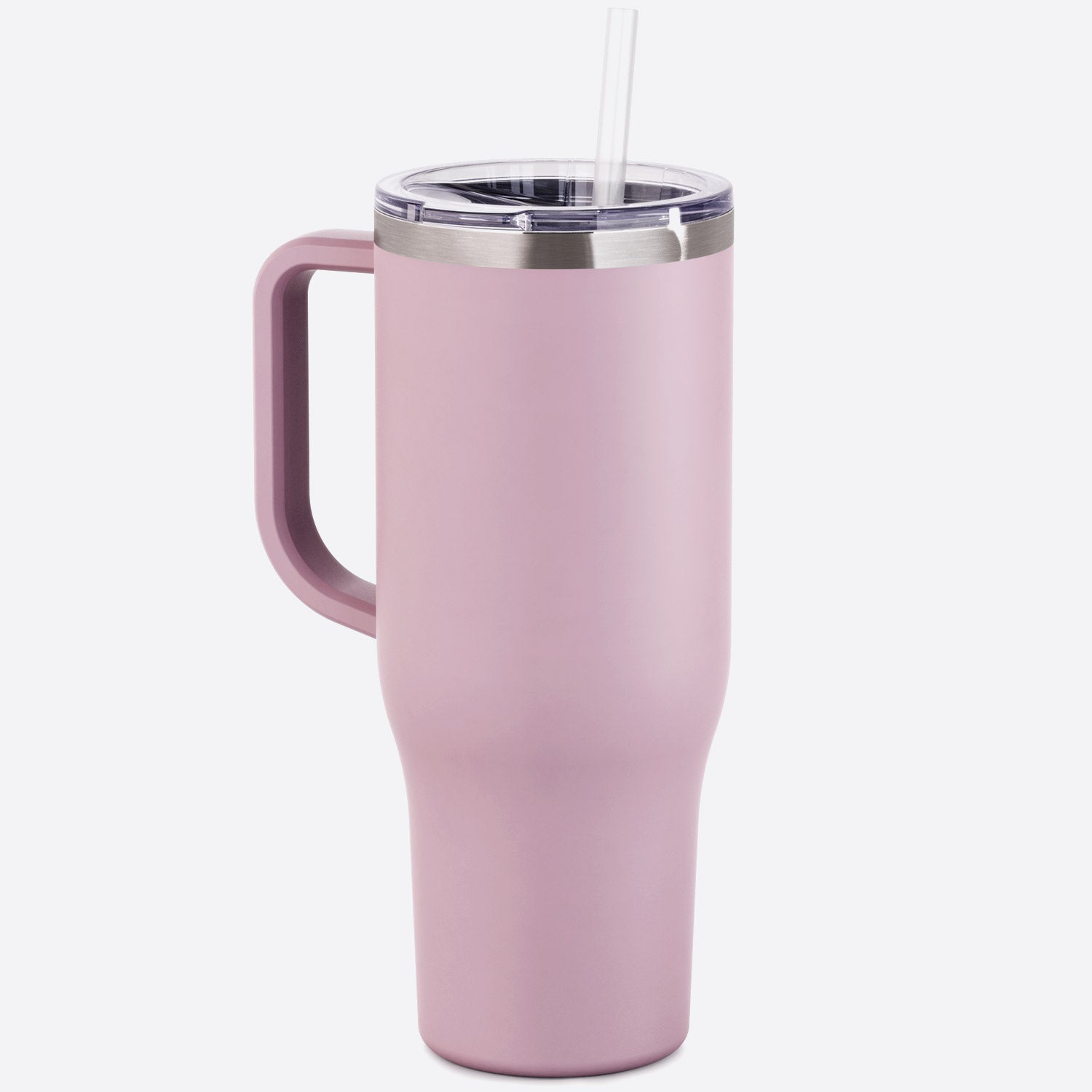 pink mauve 40 oz stainless steel charger with handle slider lid and straw on white background