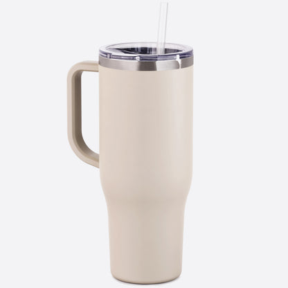 white onyx 40 oz stainless steel charger with handle slider lid and straw on white background