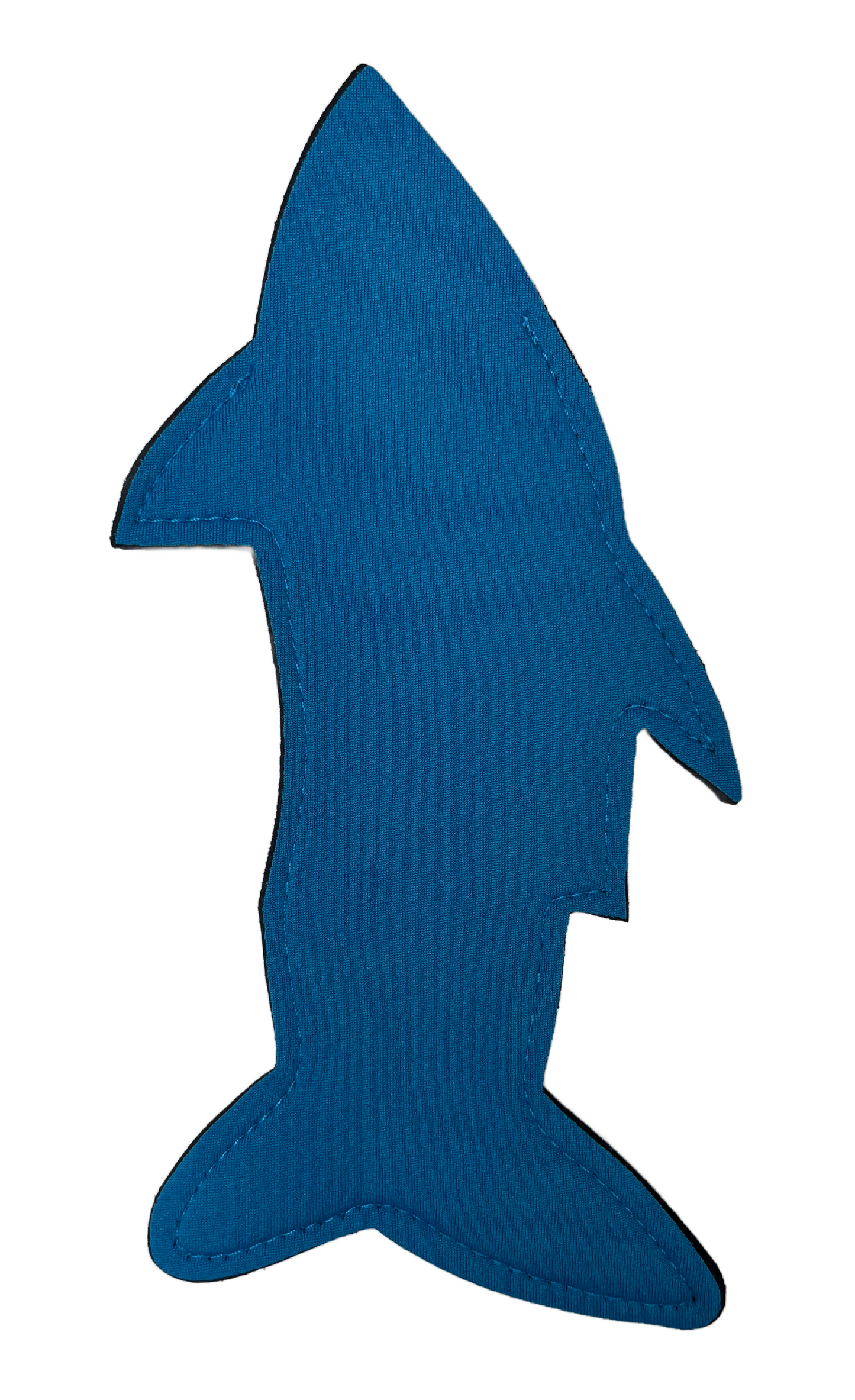 blue shark shaped neoprene freeze holder on white background