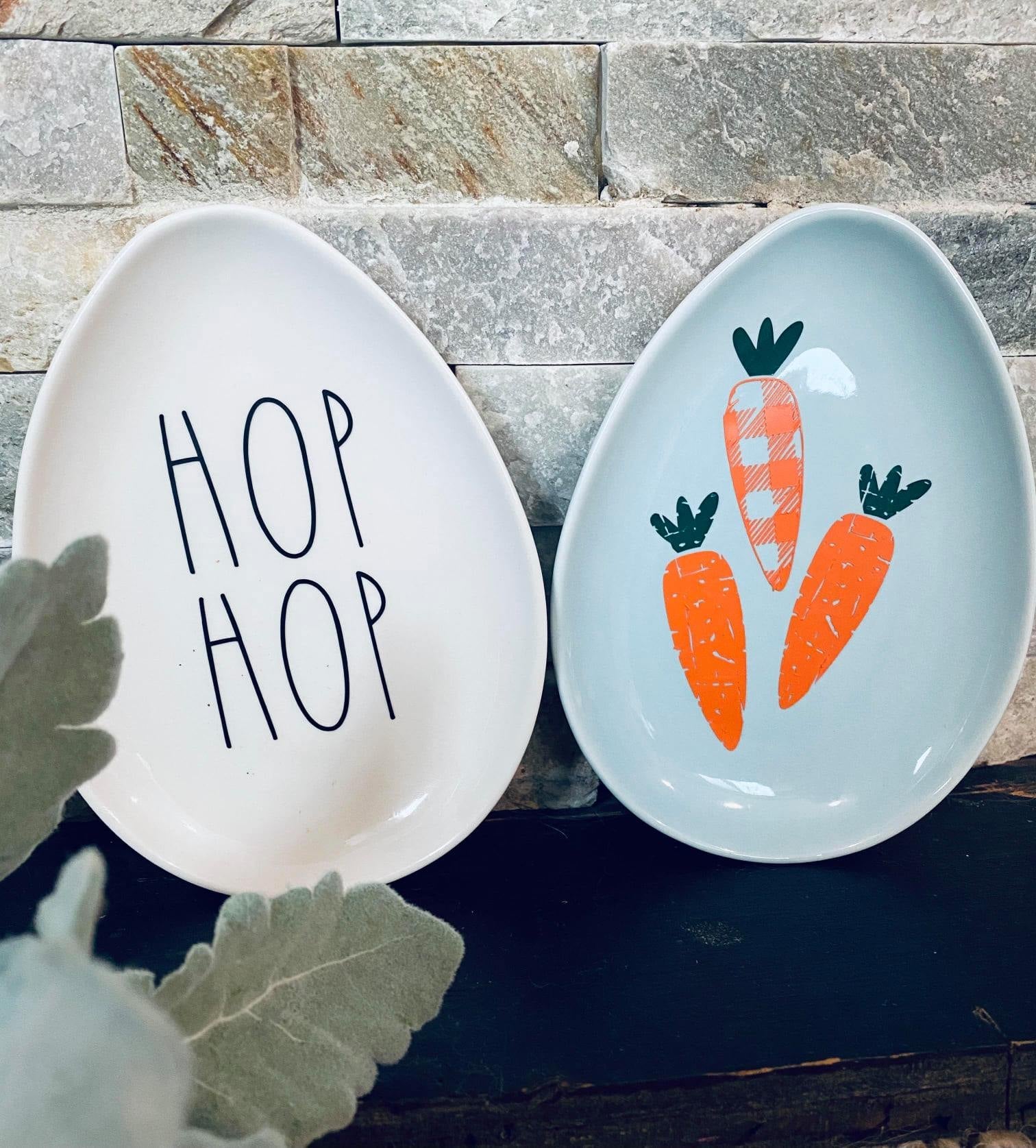 ceramic white and blue egg plates with HOP and carrots vinyl