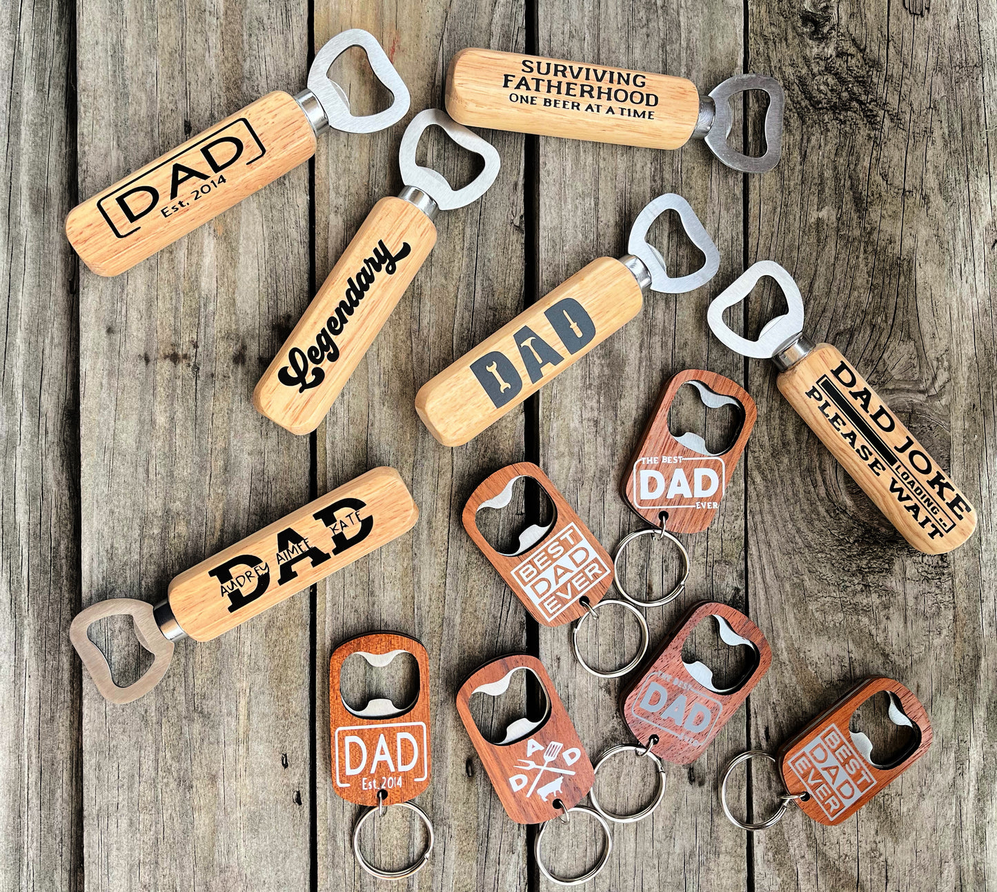 wooden bottle openers and wooden key chain bottle openers personalized for dad on wood background