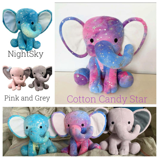 plush elephants in night sky cotton candy star pink and grey