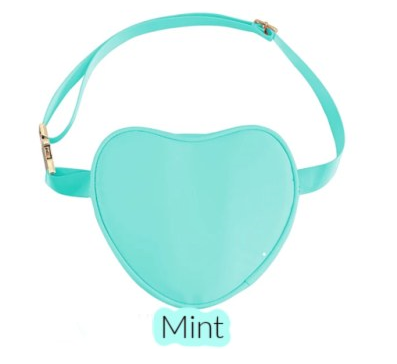 mint heart shaped belt bag with gold buckle on white background