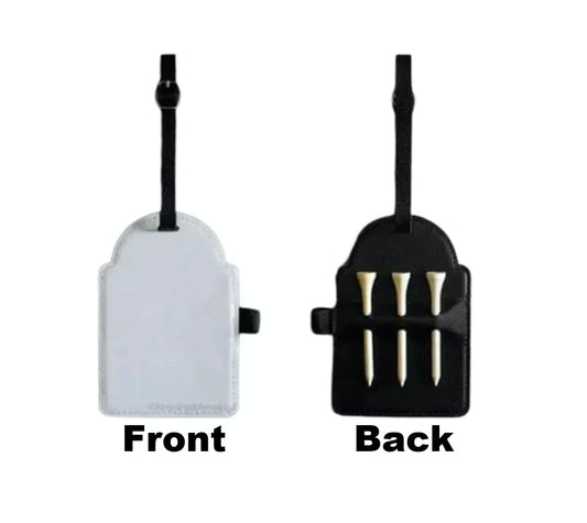 front and back of sublimation golf bag tag tee holder with strap and 3 golf tees