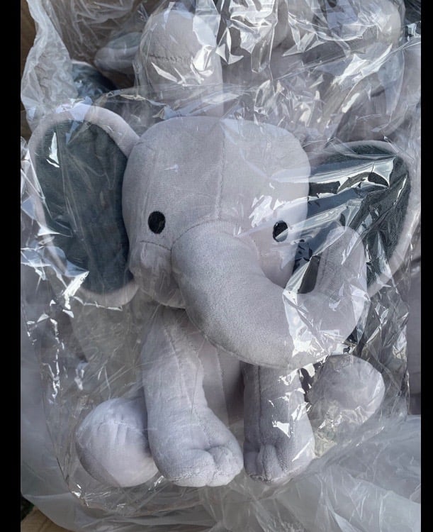 plush grey elephant for birthstat in wrapping