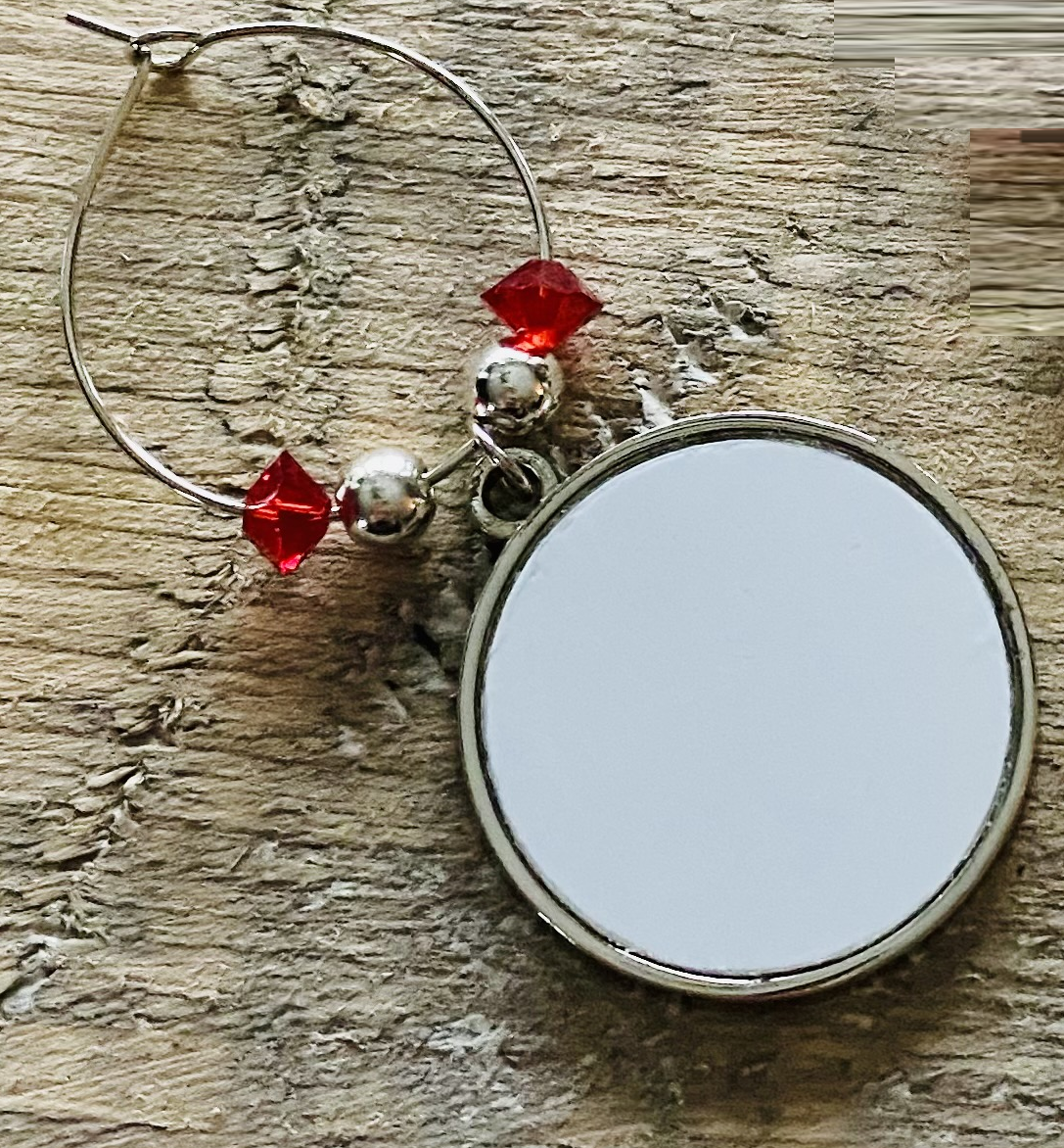 circle sublimation wine glass charm blank with silver ring and red beads