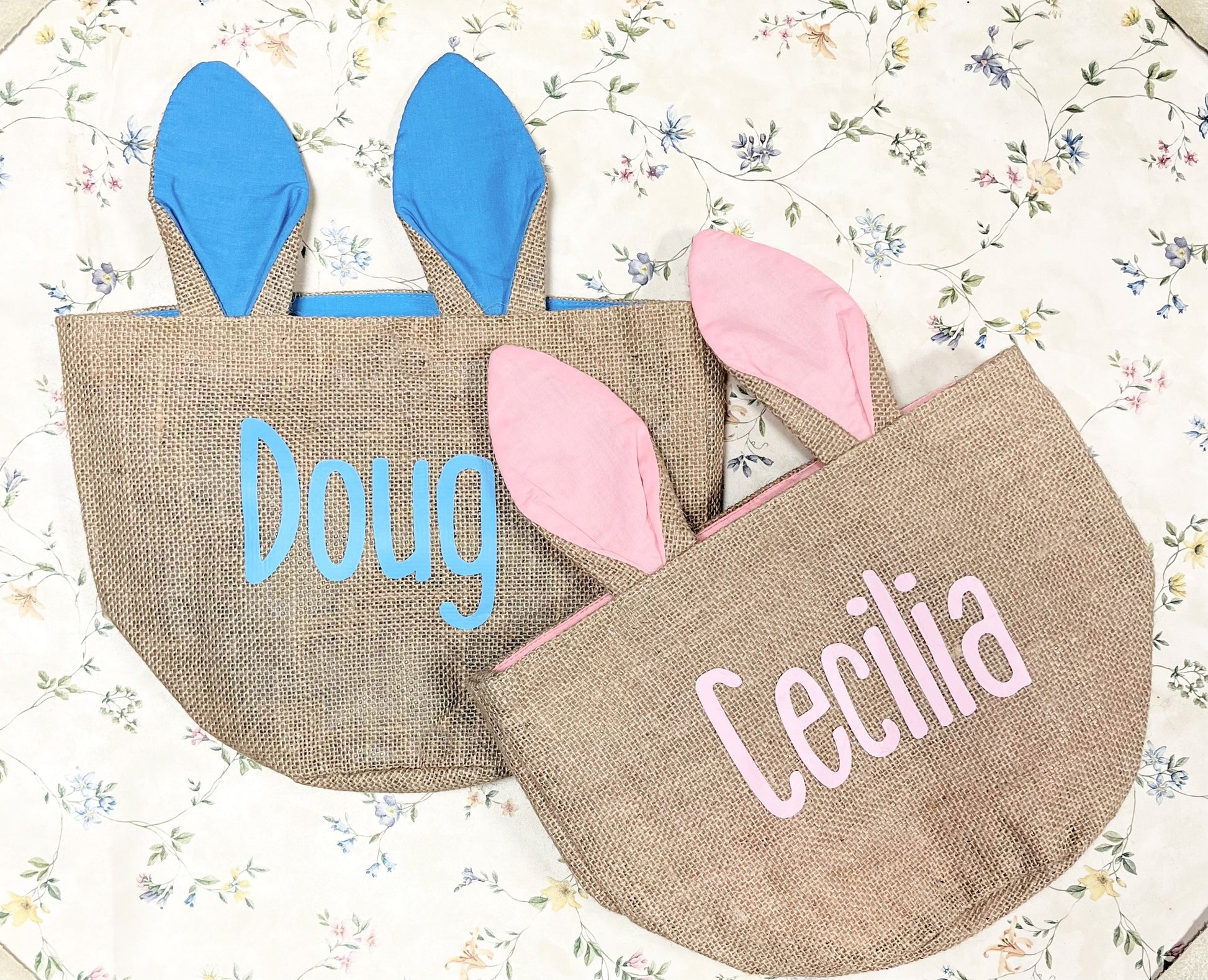 Blue and Pink personalized jute Easter basket with ears on flower background