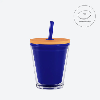 dark blue with orange lid  straw 10oz kids acrylic tumbler with clear on white background