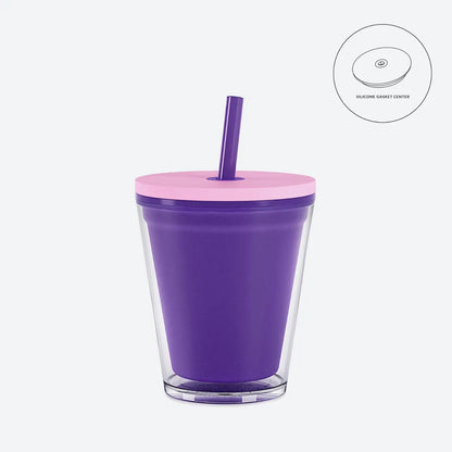 Purple with pink lid straw 10oz kids acrylic tumbler with clear on white background 