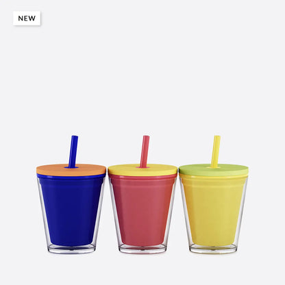 kids 10oz acrylic cup with fun colours and straw on white background dark blue orange lid red with yellow lid and yellow with lime green lid